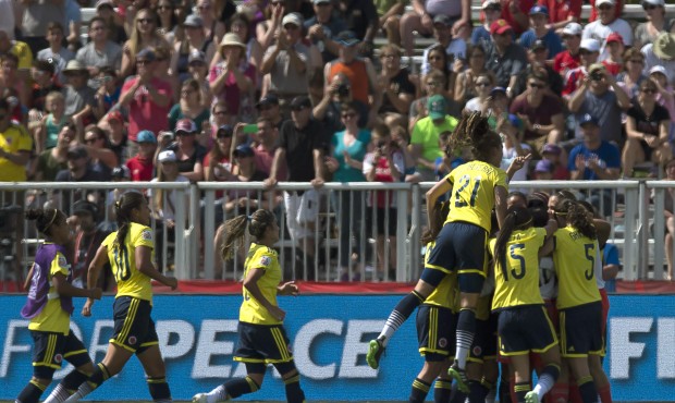 Colombia celebrates their 2-0 victory over France in a FIFA Women’s World Cup soccer game in ...