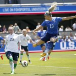 
              United States’ Julie Johnston (19) shoots on goal as Ireland's Fiona O'Sullivan (20) defends during the first half of an exhibition soccer match Sunday, May 10, 2015, in San Jose, Calif.  (AP Photo/Tony Avelar)
            