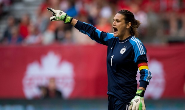 FILE – In this June 18, 2014, file photo, Germany’s goalkeeper Nadine Angerer calls out...
