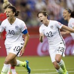 
              United States' Carli Lloyd (10) reacts after scoring on a penalty kick against Germany as Meghan Klingenberg (22) follows during the second half of a semifinal in the Women's World Cup soccer tournament, Tuesday, June 30, 2015, in Montreal, Canada. (Ryan Remiorz/The Canadian Press via AP)
            