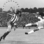 
              FILE - In this May 17, 1974 file photo, German soccer club Bayern Munich’s Gerd Mueller, right, heads a goal, while challenged by Heraldo Becerra, left, during the replay for the European Cup, in Brussels, Belgium. Two days after equalizing in the final seconds of extra time to force a replay, Bayern Munich defeated Atletico Madrid 4-0 to win its first European Cup with two goals apiece from Muller and Uli Hoeness. Bayern was the first German team to win the competition. Like Ajax before it, Bayern won three European Cups in a row.  Muller also scored the winner in the World Cup final a few weeks later when West Germany beat the Netherlands 2-1.  (AP Photo, File)
            