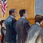 
              In this courtroom drawing, former FIFA official Jeffrey Webb, left, appears before United States Magistrate Judge Vera M. Scanlon, right, for arraignment on racketeering and bribery charges, Saturday, July 18, 2015, in New York. Webb pleaded not guilty and was released on $10 million bond. Webb’s attorney, Edward O'Callaghan is in the center and Assistant District Attorney Darren LaVerne is at right. (Elizabeth Williams via AP)
            