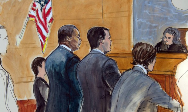 In this courtroom drawing, former FIFA official Jeffrey Webb, left, appears before United States Ma...