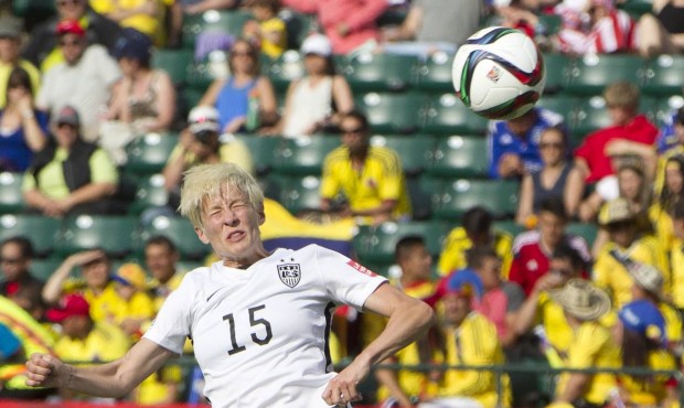 United States’ Megan Rapinoe (15) heads the ball against Colombia during first half FIFA Wome...