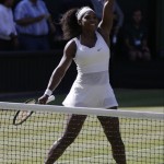 
              Serena Williams of the United States celebrates as she defeats Maria Sharapova of Russia in their women's singles semifinal match at the All England Lawn Tennis Championships in Wimbledon, London, Thursday July 9, 2015. Williams won 6-2, 6-4. (AP Photo/Pavel Golovkin)
            
