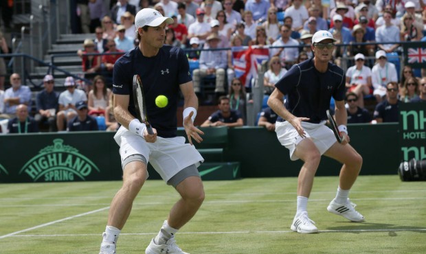 Britain’s Andy Murray, left, and Jamie Murray during their doubles match against France&#8217...