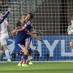 
              Japan's Saori Ariyoshi celebrates her goal with teamamtes Yuki Ogimi and Mizuho Sakaguchi (6) as Netherlands goalkeeper Loes Geurts gets up during the first half of a round of 16 soccer match at the FIFA Women's World Cup, Tuesday, June 23, 2015, in Vancouver, British Columbia, Canada. (Jonathan Hayward/The Canadian Press via AP)
            