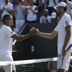 
              Ivo Karlovic of Croatia, right, shakes hands after defeating Jo-Wilfried Tsonga of France in their singles match at the All England Lawn Tennis Championships in Wimbledon, London, Saturday July 4, 2015. Karlovic won the match 7-6, 4-6, 7-6, 7-6. (AP Photo/Pavel Golovkin)
            