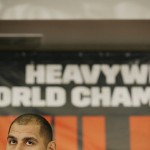 
              WBC heavyweight title challenger Eric Molina waits to speak at news conference Thursday, June 11, 2015, in Birmingham, Ala. Deontay Wilder is preparing for his first title defense, when he takes on Molina on Saturday, June 13, in Birmingham. (AP Photo/Brynn Anderson)
            