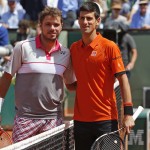 
              Serbia's Novak Djokovic, right, and Switzerland's Stan Wawrinka pose for photographers prior to the men's final of the French Open tennis tournament at the Roland Garros stadium, in Paris, France, Sunday, June 7, 2015. (AP Photo/Michel Euler)
            