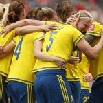 
              Sweden's Nilla Fischer (5) celebrates with her team after scoring against Nigeria during the first half of a FIFA Women's World Cup soccer match in Winnipeg, Manitoba, Monday, June 8, 2015. (John Woods/The Canadian Press via AP) MANDATORY CREDIT
            