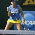 
              UCLA's Catherine Harrison reacts to a play during the NCAA's women's team tennis championships against Vanderbilt, Tuesday, May 19, 2015, Waco, Texas. (AP Photo/LM Otero)
            