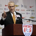 
              United States Soccer Federation Secretary General Dan Flynn speaks during a news conference Monday, July 27, 2015, in St. Louis. The news conference was held to announce the U.S. soccer team will play its first qualifier for the 2018 World Cup at Busch Stadium in St. Louis on Nov. 13, 2015. (AP Photo/Jeff Roberson)
            
