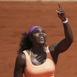 
              Serena Williams of the U.S. gestures she has trouble returning a high ball against the sunlight in the quarterfinal match of the French Open tennis tournament against Italy's Sara Errani at the Roland Garros stadium, in Paris, France, Wednesday, June 3, 2015. Williams won in two sets 6-1, 6-3, (AP Photo/David Vincent)
            