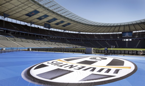 A giant logo of Juventus Turin is placed in front of the supporters stand at the Olympic stadium in...