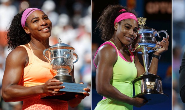 FILE – At left, in a June 6, 2015, photo, Serena Williams holds the trophy after winning the ...