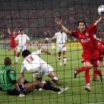 
              FILE - In this Wednesday, May 25, 2005 file photo, Liverpool's Luis Garcia, right, celebrates after his teammate Xabi Alonso, behind him at right, scored his team's 3rd goal, during the Champions League Final between AC Milan and Liverpool at the Ataturk Olympic Stadium in  Istanbul, Turkey. 3-0 down at halftime, Liverpool looked as finished as Manchester United had six years earlier. But in an incredible six-minute period early in the second half, Liverpool, inspired by captain Steven Gerrard, had erased the deficit. The match ended up going to a penalty shootout, which Liverpool won to claim its fifth European Cup in the “The Miracle of Istanbul.” (AP Photo/Thomas Kienzle, File)
            