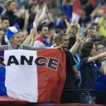 
              France fans celebrate after their team defeated South Korea 3-0 in their FIFA Women's World Cup round of 16 soccer game, Sunday, June 21, 2015 in Montreal, Canada. (Graham Hughes/The Canadian Press via AP)
            
