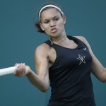 
              Vanderbilt's Sydney Campbell returns a shot during the NCAA's women's team tennis championships against UCLA, Tuesday, May 19, 2015, Waco, Texas. (AP Photo/LM Otero)
            