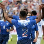 
              United States' DeAndre Yedlin (2) celebrates with Jozy Altidore after an own goal was scored by Guatemala's Carlos Castrillo during the first half of an international friendly soccer match Friday, July 3, 2015, in Nashville, Tenn. (AP Photo/Mark Humphrey)
            