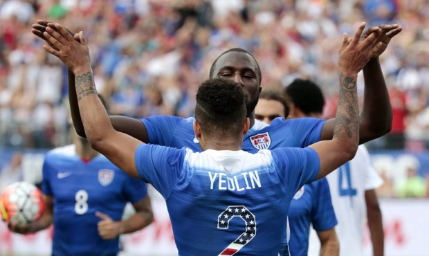 United States’ DeAndre Yedlin (2) celebrates with Jozy Altidore after an own goal was scored ...
