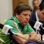 
              Mexico men's soccer coach Miguel Herrera speaks during a news conference Tuesday, July 21, 2015, in Atlanta. Mexico is scheduled to face Panama in a semifinal of the CONCACAF Gold Cup on Wednesday night in Atlanta. (AP Photo/John Bazemore)
            