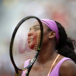 
              Serena Williams of the U.S.  looks up as she plays Germany's Anna-Lena Friedsam during their second round match of the French Open tennis tournament at the Roland Garros stadium, Thursday, May 28, 2015 in Paris. Williams won 5-7, 6-3, -6-3. (AP Photo/Francois Mori)
            