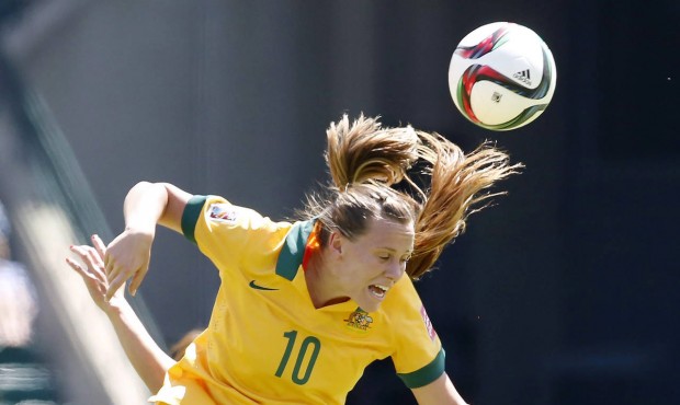 Australia’s Emily van Egmond heads a ball during first half FIFA Women’s World Cup quar...
