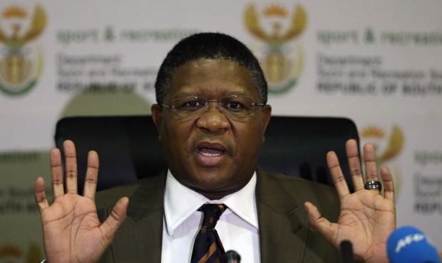 South Africa’s sports minister Fikile Mbalula gestures as he speaks during a news conference ...