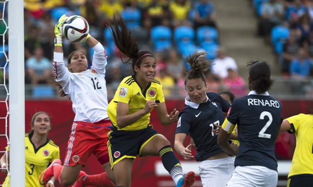 Colombia’s goal keeper Sandra Sepulveda makes a save against France during the first half of ...