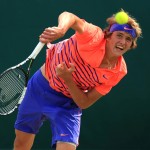 
              Alexander Zverev in action during his match with Novak Djokovic during day four of The Boodles at Stoke Park, near Stoke Poges, England, Friday June 26, 2015. (Mike Egerton/PA via AP)  UNITED KINGDOM OUT  NO SALES  NO ARCHIVE
            