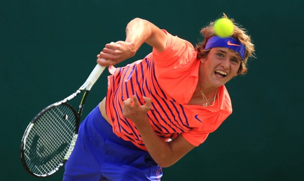 Alexander Zverev in action during his match with Novak Djokovic during day four of The Boodles at S...