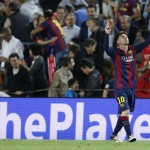
              Barcelona's Lionel Messi celebrates after scoring the opening goal during the Champions League semifinal first leg soccer match between Barcelona and Bayern Munich at the Camp Nou stadium in Barcelona, Spain, Wednesday, May 6, 2015.  (AP Photo/Manu Fernandez)
            