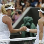 
              Coco Vandeweghe of the United States, left,  shakes hands at the net with Samantha Stosur of Australia, after their singles match, at the All England Lawn Tennis Championships in Wimbledon, London, Friday July 3, 2015. Vandeweghe won 6-2, 6-0. (AP Photo/Alastair Grant)
            