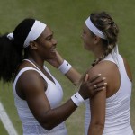 
              Serena Williams of the United States talks to Victoria Azarenka of Belarus, after defeating her in their singles match, at the All England Lawn Tennis Championships in Wimbledon, London, Tuesday July 7, 2015. Williams won 3-6, 6-2, 6-3.  (AP Photo/Pavel Golovkin)
            