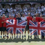 
              Britain's Andy Murray, centre left, celebrates with his teammates after beating France's Gilles Simon, taking Britain to the semifinal stage, winning the quarterfinal tennis matches of the Davis Cup at the Queen's Club in London, Sunday July 19, 2015. (AP Photo/Tim Ireland)
            