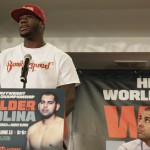 
              WBC heavyweight boxing champion Deontay Wilder, left, speaks at a news conference as challenger Eric Molina listens, Thursday, June 11, 2015, in Birmingham, Ala. Wilder is preparing for his first title defense against Molina on Saturday, June 13, in Birmingham. (AP Photo/Brynn Anderson)
            