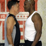 
              In this Thursday, May 14, 2015, photo, former Republican presidential candidate Mitt Romney, left, and five-time heavyweight boxing champion Evander Holyfield face each other during an official weigh-in, in Holladay, Utah. Romney and Holyfield are set to square off at a charity fight on Friday, May 15, in Salt Lake City. The black-tie event will raise money for the Utah-based organization CharityVision, which helps doctors in developing countries perform surgeries to restore vision in people with curable blindness. (AP Photo/Rick Bowmer)
            