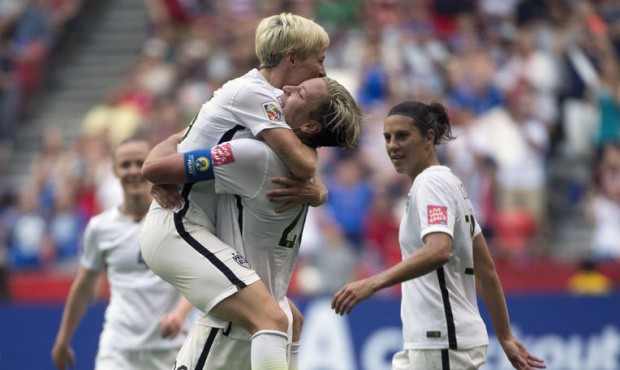 United States’ Abby Wambach celebrates her goal with teammate Megan Rapinoe during the first ...