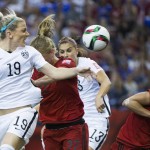 
              United States' Julie Johnston (19) heads the ball toward the goal as Germany players defend during the first half of a semifinal in the Women's World Cup soccer tournament, Tuesday, June 30, 2015, in Montreal, Canada. (Graham Hughes/The Canadian Press via AP)
            