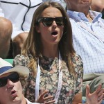 
              Kim Sears, wife of Britain's Andy Murray,  gestures as she watches Murray lose the semifinal match of the French Open tennis tournament against Serbia's Novak Djokovic in five sets 6-3, 6-3, 5-7, 5-7, 6-1, at the Roland Garros stadium, in Paris, France, Saturday, June 6, 2015. (AP Photo/David Vincent)
            