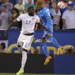 
              United States' Jozy Altidore (17) and Honduras' Henry Figueroa (5) jump for the ball during the first half of a CONCACAF Gold Cup soccer match in Frisco, Texas, Tuesday, July 7, 2015. (AP Photo/LM Otero)
            