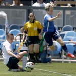 
              United States’ Megan Rapinoe, right, reacts after being fouled by Ireland's Aine O'Gorman, left, during the first half of an exhibition soccer match Sunday, May 10, 2015, in San Jose, Calif. (AP Photo/Tony Avelar)
            