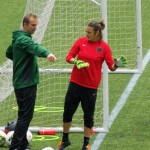 
              In this photo taken May 5, 2015, goalkeeper Nadine Angerer works out in the rain with Portland Thorns goalkeeper coach Scott Vallow in Portland, Ore. Angerer was playing briefly for her National Women’s Soccer League team before rejoining the German national team in preparation for the Women’s World Cup in Canada. (AP Photo/Anne M. Peterson)
            