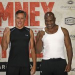 
              Former Republican presidential candidate Mitt Romney, left, and five-time heavyweight boxing champion Evander Holyfield pose for a photo after an official weigh-in Thursday, May 14, 2015, in Holladay, Utah. Romney and Holyfield are set to square off at a charity fight on Friday, May 15, in Salt Lake City. The black-tie event will raise money for the Utah-based organization CharityVision, which helps doctors in developing countries perform surgeries to restore vision in people with curable blindness. (AP Photo/Rick Bowmer)
            
