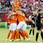 
              Netherlands players celebrate a goal against New Zealand during a FIFA Women's World Cup soccer match in Edmonton, Alberta Saturday,  June 6, 2015. (Jason Franson/The Canadian Press via AP)
            