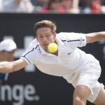 
              Nicolas Mahut of France returns in the men's final match against David Goffin of Belgium at the open grass court tournament in Rosmalen, central Netherlands,  Sunday, June 14, 2015. (AP Photo/Ermindo Armino)
            