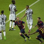 
              Barcelona's Ivan Rakitic, center, celebrates scoring the opening goal during the Champions League final soccer match between Juventus Turin and FC Barcelona at the Olympic stadium in Berlin Saturday, June 6, 2015. (AP Photo/Michael Sohn)
            
