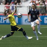 
              France's Elise Bussaglia, right, and Colombia's Daniela Montoya battle for the ball during the first half of a FIFA Women's World Cup soccer game in Moncton, New Brunswick, Canada, on Saturday, June 13, 2015. (Andrew Vaughan/The Canadian Press via AP) MANDATORY CREDIT
            