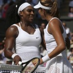 
              Serena Williams of the United States, background, hugs Garbine Muguruza of Spain at the net, after winning the women's singles final, at the All England Lawn Tennis Championships in Wimbledon, London, Saturday July 11, 2015. Williams won 6-4, 6-4. Dominic Lipinski/Pool Photo via AP)
            